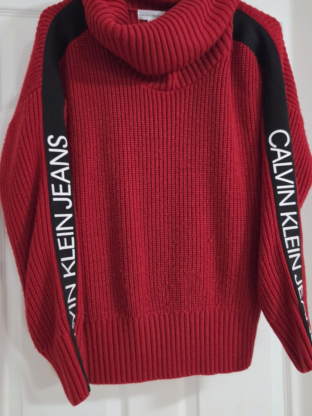 Calvin Klein Jeans Red Turtleneck Sweater with Black Logo Stripes